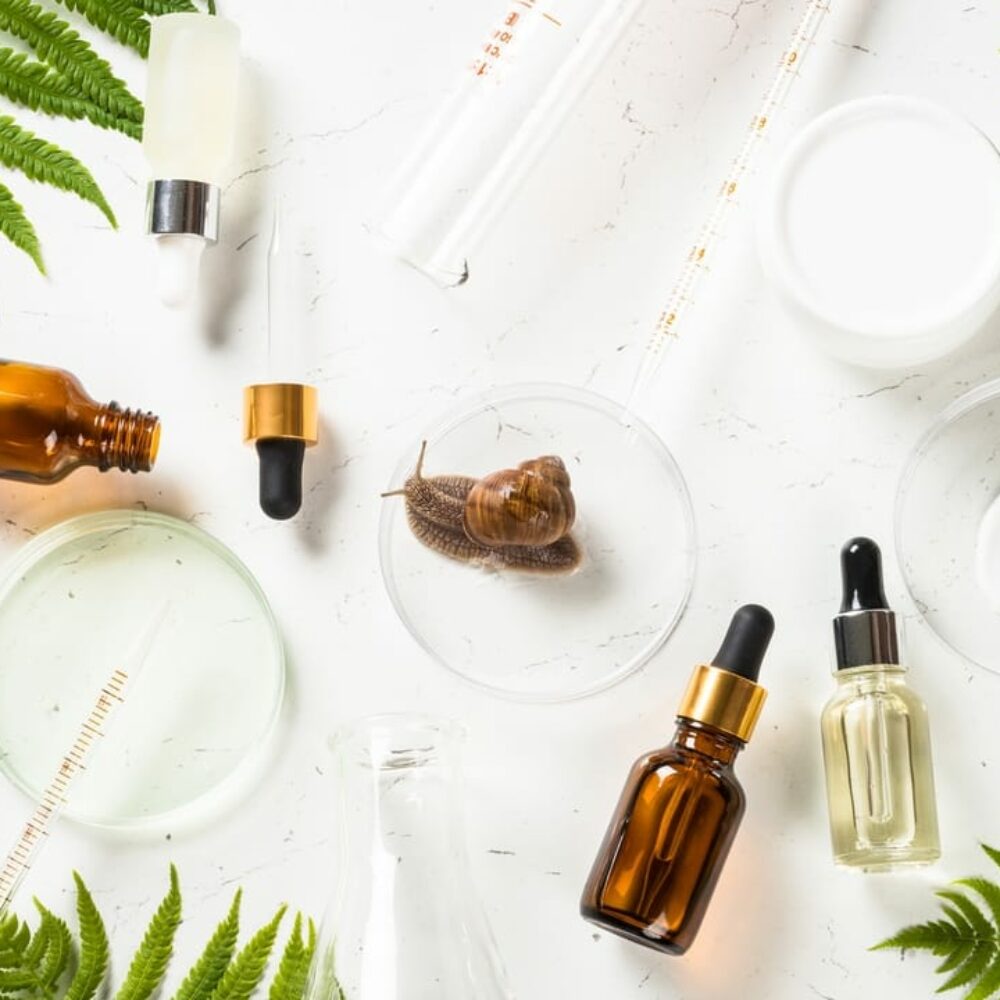 Snail mucin products at white background. Natural anti-aging cosmetic, repair skincare product. Flat lay image.